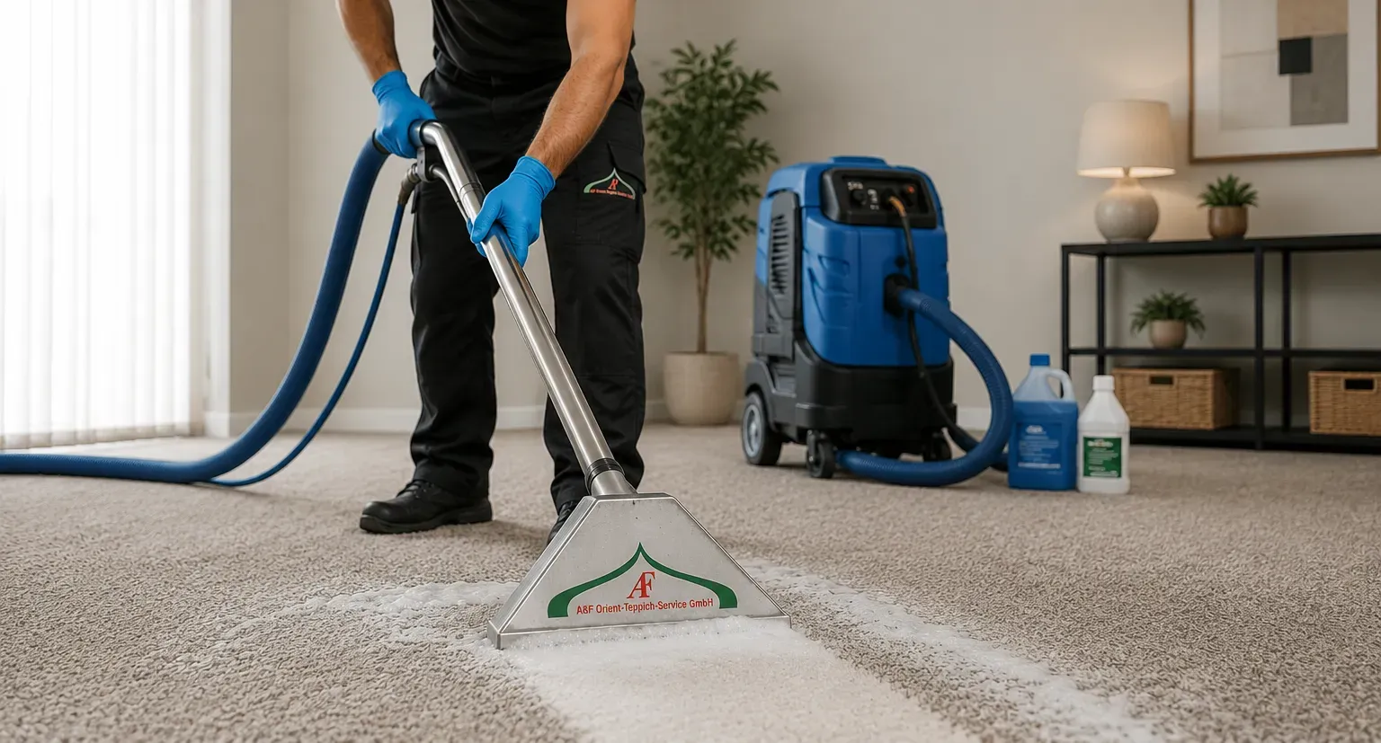 Professionelle Teppichbodenreinigung mit Reinigungsmaschine